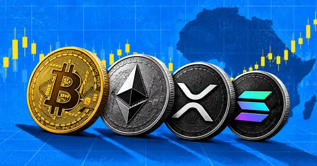 Bitcoin, Ethereum, XRP, and Solana coins aligned over map of Africa with candlestick charts