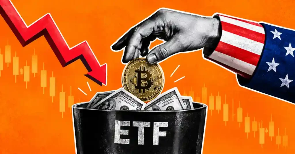 Uncle Sam hand putting Bitcoin coin into ETF bucket with red drop arrow.