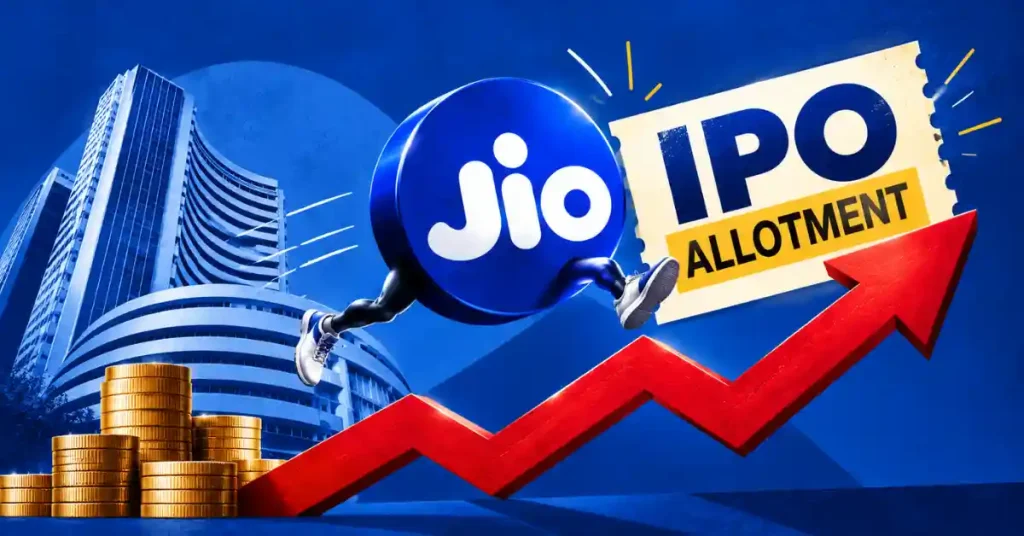 Jio IPO allotment ticket character running along a rising red chart arrow near the BSE building
