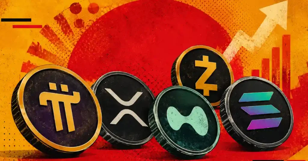 Row of crypto coins including Pi Network, XRP, Hyperliquid, Zcash, and Solana.
