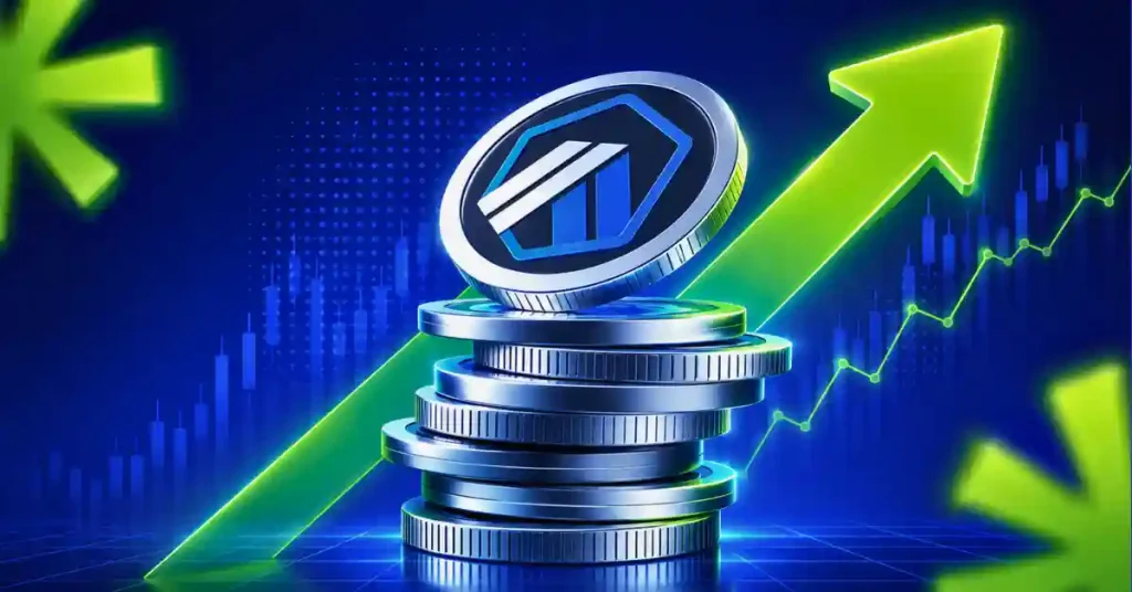 Arbitrum coins stacked beside a rising green price chart arrow.