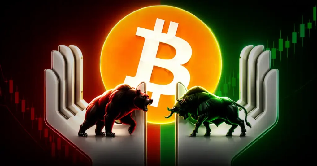 A bear and bull facing off over mechanical hands with a Bitcoin symbol backdrop.